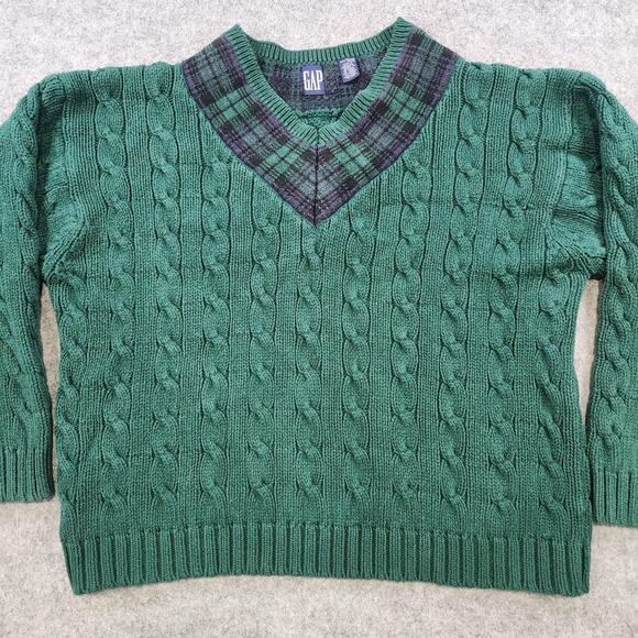 VTG GAP Sweater Womens XL Green Cable Knit Plaid V Neck Cotton Pullover Preppy - Picture 4 of 12